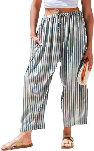 Women's Wide Leg Striped Linen Pants with Pocket