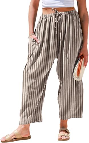 Womens Wide Leg Striped Linen Pants with Pocket