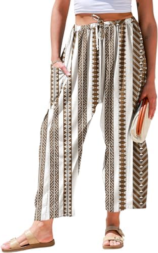 Womens Wide Leg Striped Linen Pants with Pocket