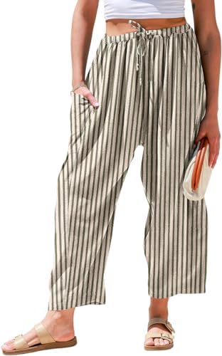 Womens Wide Leg Striped Linen Pants with Pocket
