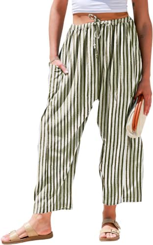 Womens Wide Leg Striped Linen Pants with Pocket