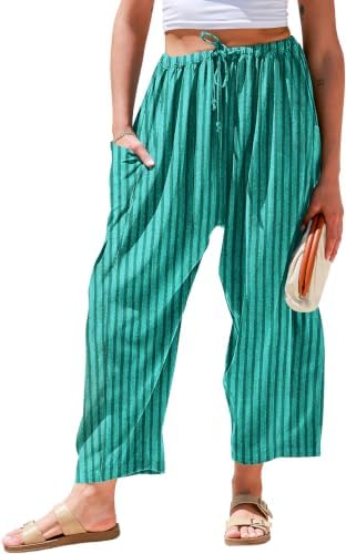 Womens Wide Leg Striped Linen Pants with Pocket