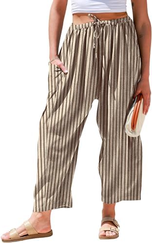 Womens Wide Leg Striped Linen Pants with Pocket