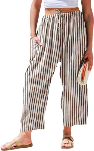 Womens Wide Leg Striped Linen Pants with Pocket