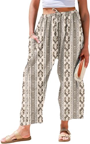 Womens Wide Leg Striped Linen Pants with Pocket