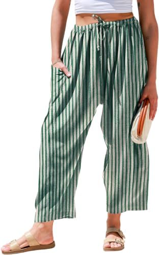 Womens Wide Leg Striped Linen Pants with Pocket