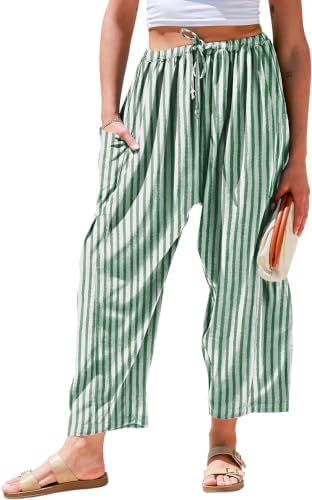 Womens Wide Leg Striped Linen Pants with Pocket