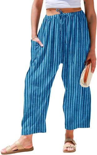Womens Wide Leg Striped Linen Pants with Pocket