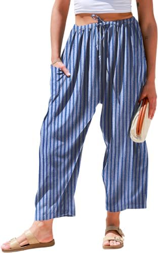 Womens Wide Leg Striped Linen Pants with Pocket
