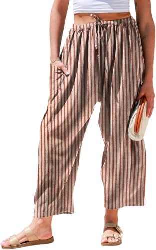 Womens Wide Leg Striped Linen Pants with Pocket
