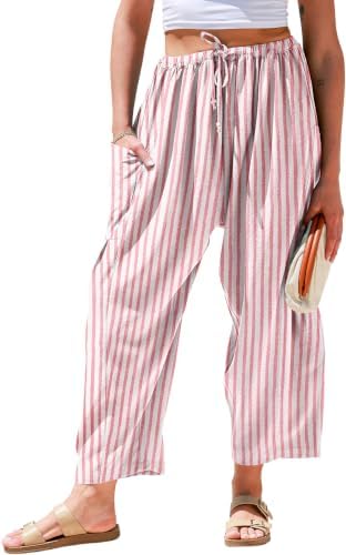 Womens Wide Leg Striped Linen Pants with Pocket