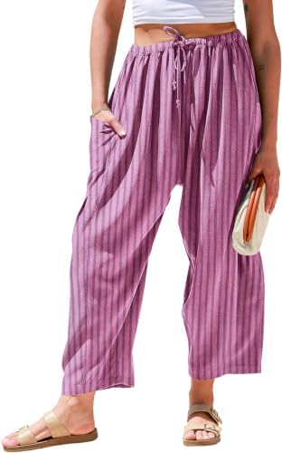 Womens Wide Leg Striped Linen Pants with Pocket