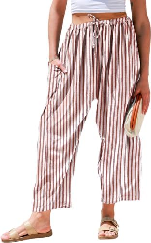 Womens Wide Leg Striped Linen Pants with Pocket