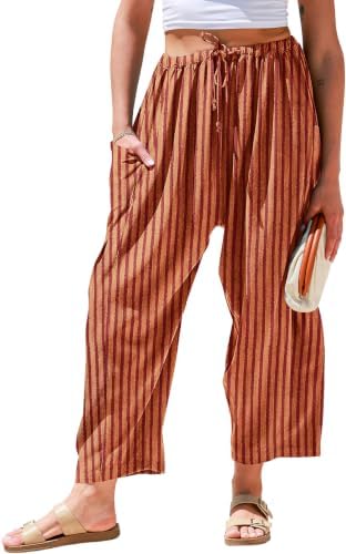 Womens Wide Leg Striped Linen Pants with Pocket