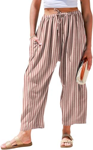 Women's Wide Leg Striped Linen Pants with Pocket