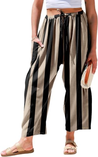 Womens Wide Leg Striped Linen Pants with Pocket