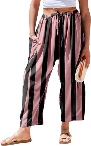 Womens Wide Leg Striped Linen Pants with Pocket
