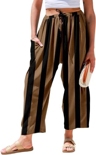 Womens Wide Leg Striped Linen Pants with Pocket