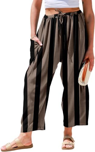 Womens Wide Leg Striped Linen Pants with Pocket