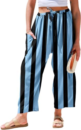 Womens Wide Leg Striped Linen Pants with Pocket