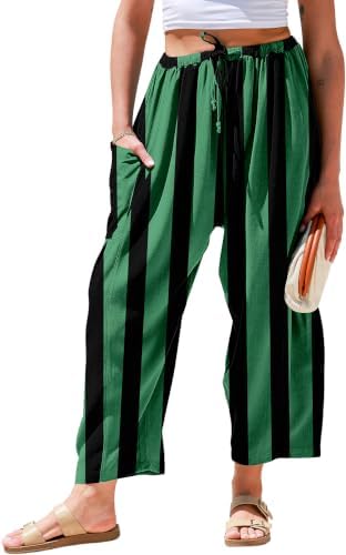 Womens Wide Leg Striped Linen Pants with Pocket