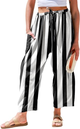 Womens Wide Leg Striped Linen Pants with Pocket