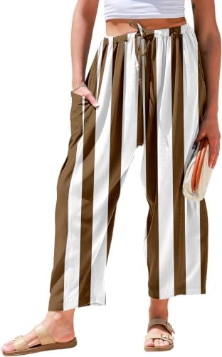 Womens Wide Leg Striped Linen Pants with Pocket