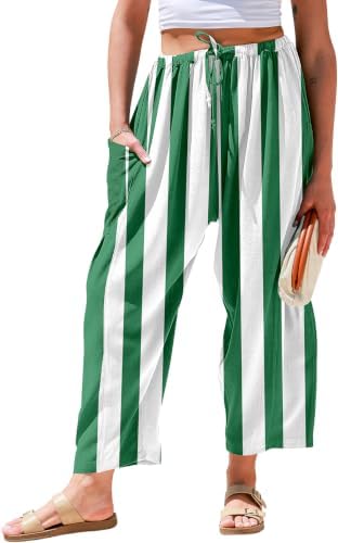 Womens Wide Leg Striped Linen Pants with Pocket