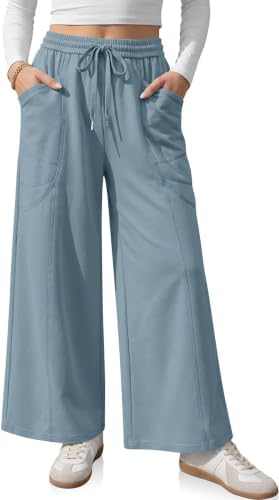 Womens Wide Leg Sweatpants with Pockets Light Gray Blue