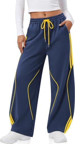 Womens Y2K Baggy Barrel Sweatpants Striped Wide Leg Joggers Navy