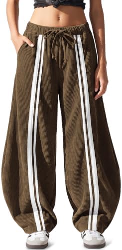 Women's Y2K Corduroy Barrel Pants Wide Leg Baggy Casual Brown Green
