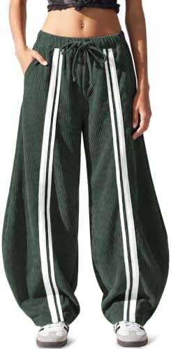 Women's Y2K Corduroy Barrel Pants Wide Leg Baggy Casual Dark Green